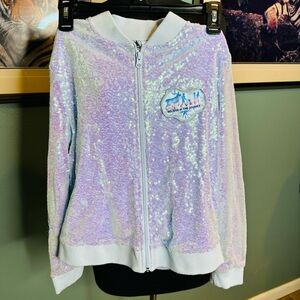 Disney Girls Frozen Sweater Blue Sequin Full Zip Sparkle Cheer Cheerleader Large